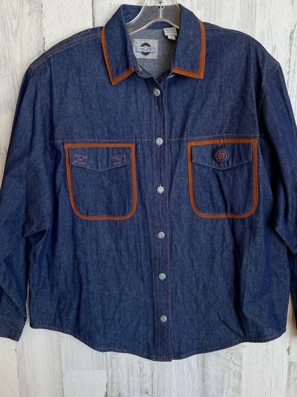 Vintage Chaus Dark Blue Denim Button-Down Shirt with Brown Trim western cowboy